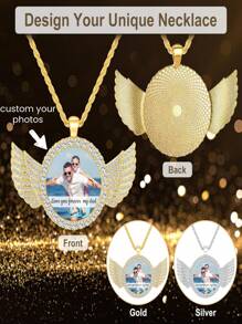 个性化天使翅膀照片项链 - 可定制银色合金吊坠，带有闪亮的水钻装饰，是情人节、圣诞节和特殊场合送给情侣、父母和爱人的独特礼物 - 彩色 - 查看 1