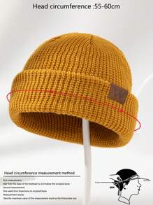 1pc Men's Knit Cap With Leather Label, Suitable For Daily Wear Beanie Fall Outfit - Earthy Yellow - View 4