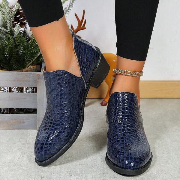 Women's V-Cut Country Casual Back Zipper Chunky Heel Ankle Boots, American Cut Boots, Solid Color Zipper Work Short Boots 3D Embossed Leather Women's Casual Vacation Ankle Boots, Round Toe Comfy Low Heel Dress Boots Women's Gothic Style Boots