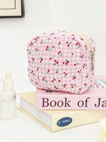 1 Pieza Bolsa de maquillaje acolchada con diseño de cereza, de gran capacidad, con cremallera, práctica y de moda, esencial para viajes y vacaciones, para almacenar artículos de higiene femenina, auriculares, cargadores, cosméticos, perfumes, productos de cuidado de la piel, y talla grande. Regalo ideal para mamá, mujeres, enfermeras, estudiantes, chicas escolares, y para decoración del hogar.