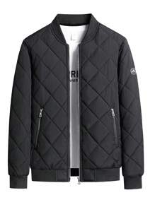 Męska kurtka typu casual patchwork, ciepła podszewka z poliestru, kołnierz stójka, jednolity kolor, zapięcie na zamek błyskawiczny, dopasowany krój, dzianina, odpowiednia na jesień/zimę