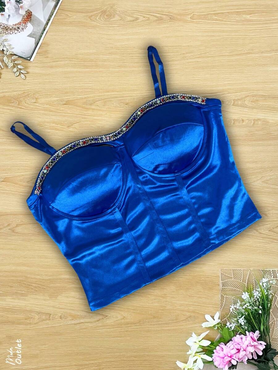 Bustier sexy para dama tipo corset, de tirantes y con elegante pedrería. - Azul - Ver 1
