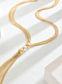 1 件女士时尚简约 Y 形链条项链，带流苏和珠子，拼色设计，长项链，适合日常街头装，秋冬季 - 金黃色 - 查看 4