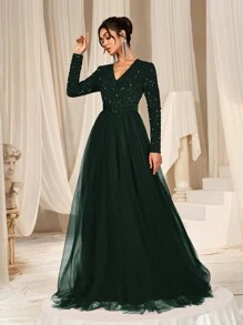 Faeriesty Surplice Neck Sequin Bodice Contrast Mesh Hem Belted Formal Evening Dress