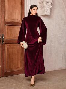 New Spring And Summer Saudi Arabia Gold Velvet Dress Bell Sleeves Belt Zipper Shirt - Burgundy - View 2