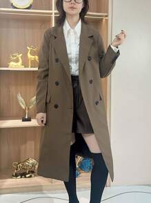 Casualowa, jednokolorowa, dwurzędowa marynarka z kołnierzem typu "stójka", jesień - Brązowy - Zobacz 1