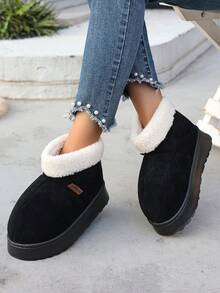 女士雪地靴毛绒衬里厚底平跟短靴保暖户外休闲短筒靴 - 黑色 - 查看 4