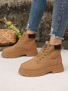 冬季厚底系带保暖天鹅绒靴，时尚高帮短靴 - 黃色 - 查看 6