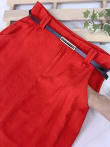 Midi Skirt With Belt High Waist Slit - Red - View 4