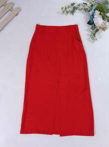 Midi Skirt With Belt High Waist Slit - Red - View 7