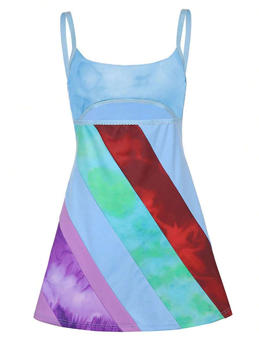 Womens Casual Suspender A-Line Dress Fashion Contrast Color U-Neck Hollow Short Dress - 藍色 - 查看 1