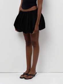 Women Y2k Bubble Skirt High Elastic Waist Ruffle Flared Mini Skirts Layered Pleated Balloon Puffy Short Skirts - 黑色 - 查看 6