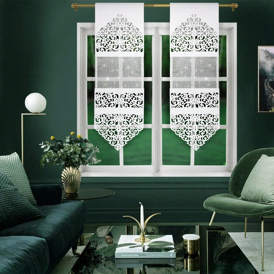 Fashionable Silver Silk Curtains, 1 Piece, 40*140cm And Other Sizes, Hollowed Out Felt Panel Design, Elegant Translucent, Light And Soft, Pocket Design, Suitable For Living Room, Dining Room And Kitchen, Perfect Match With Modern Style And Glamorous Style Home Decoration