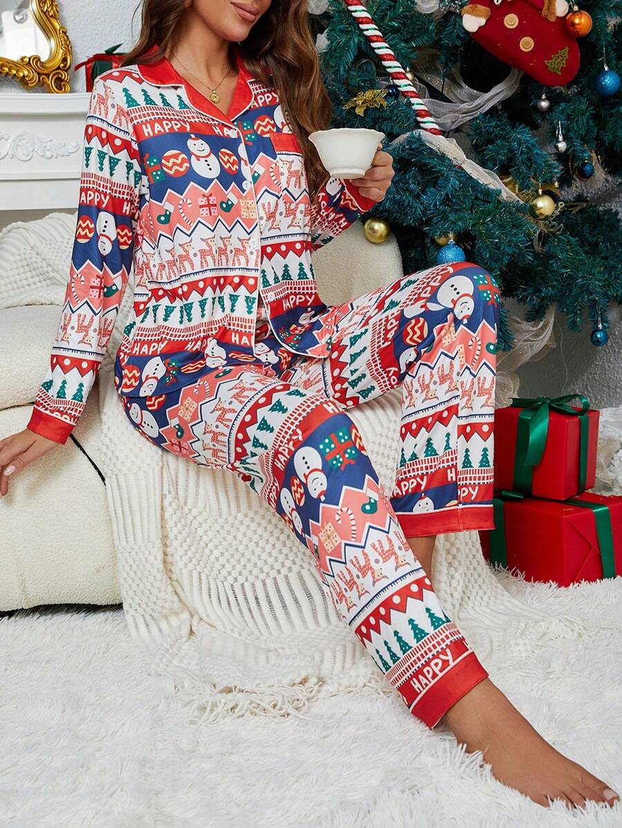 2pcs Christmas Print Pajama Set For Women, Long Sleeve Top And Long Pants With Trim, Comfy Polyester Knit, Relaxed Style, Nightwear Set - Multicolor - View 1