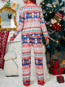 2pcs Christmas Print Pajama Set For Women, Long Sleeve Top And Long Pants With Trim, Comfy Polyester Knit, Relaxed Style, Nightwear Set - Multicolor - View 2