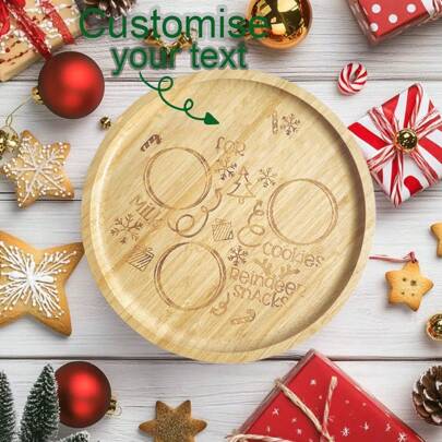 [Customized] 1pc Christmas Eve Santa Claus & Reindeer Themed Bamboo Tray Set - Snowflake Pattern Bamboo Round Serving Platter, Cookie Biscuit, Milk & Carrot Plate, Laser Engraved Cheese Tray, Holiday Party Tableware, Christmas Gift