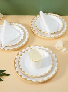 White & Gold Trim Disposable Plate, Napkin And Cup Set, Suitable For 25 Guests, One-Time Use Paper Plates Party Supplies Fit For Birthday Wedding Party Home Picnic