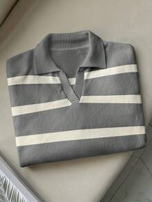 FOR BEAUTY 春秋新款POLO领复古条纹撞色长袖针织毛衣女宽松半开襟老款毕业毛衣上衣 - 花灰 - 查看 2