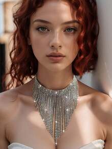 1 件优雅欧美风格流苏水钻颈链，时尚夸张项链，女士派对配饰 - 銀色 - 查看 7