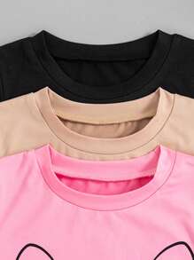 3 件套年轻女孩卡通猫印花纯色圆领短袖 T 恤和短裤夏季服装 - 玫紅色 - 查看 4