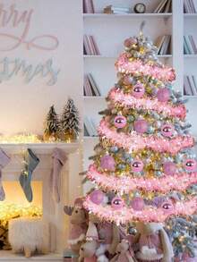 44 件圣诞球装饰、粉色圣诞球和粉色花环圣诞装饰套装和圣诞花圣诞树装饰、人造圣诞花环、防碎圣诞挂球、圣诞金属变形挂花环、顶框花环装饰、楼梯扶手、室内外圣诞装饰、圣诞装饰、圣诞树装饰、圣诞派对、家居装饰、圣诞