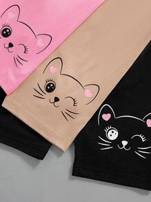 3 件套年轻女孩卡通猫印花纯色圆领短袖 T 恤和短裤夏季服装 - 玫紅色 - 查看 10