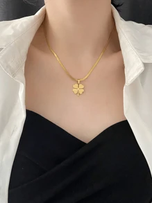 1 套 3 件简约优雅 18k 镀金不锈钢四叶草吊坠项链和耳环套装，适合女性日常休闲或派对佩戴，也可作为礼物 - 金黃色 - 查看 2
