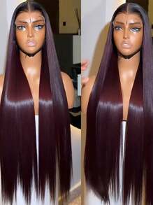 深 99j 勃艮第酒红色蕾丝前假发 13x4 真丝直发假发 蕾丝前假发 人发预拔巴西处女人发假发 酒红色 女士（16-30 英寸）万圣节服装 - S99JB - 查看 6