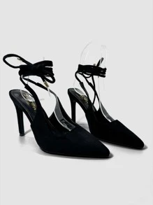 RevReaL REVREAL Women's Pointed Toe Black Suede Stiletto Heels With Ankle Wrap Tie Stylish High Heels