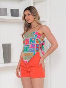 RAW CLOTHING One Size Shirt Set With Tie At The Back And Print, Shorts With Zipper And No Pocket - Orange - View 4