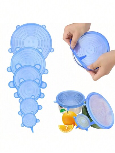6 piezas Tapas elásticas de silicona, cubiertas para recipientes de alimentos, cubiertas reutilizables para conservar alimentos, cubiertas multifuncionales elásticas para mantener frescos frutas y verduras, cubiertas de sellado y conservación, guardador de frutas, envases de almacenamiento reutilizables, accesorios de cocina