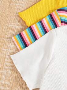 Set de 3 piezas de blusa floral de manga corta acanalada informal + camisa acanalada de color para niña joven - Amarillo - Ver 10