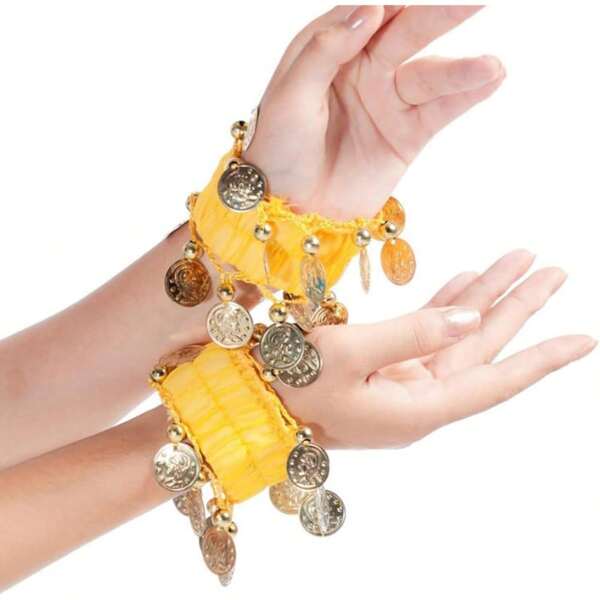 1 Pair Belly Dance Metal Coin Bracelet Belly Dance Wrist Ankle Cuff Bracelet Chiffon Gold Coin Belly Dance Accessories