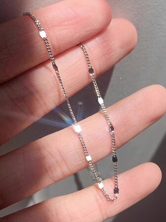 1pc Handmade S925 Sterling Silver Square Shaped Anklet With Sparkling Gemstones, Showcase Personal Charm, High Quality Jewelry, Suitable For Women's Daily & Party Wear