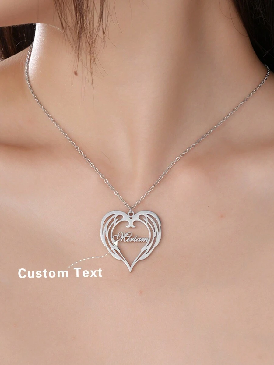 优雅、时尚的天使翅膀和心形字母定制项链，百搭配饰。送给家人、朋友、生日、周年纪念、节日场合、派对装扮、旅行的绝佳礼物 - 銀色 - 查看 1