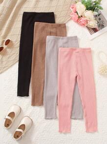 4pcs Young Girl Solid Color Knitted Rib Leggings, Casual And Lightweight Pants