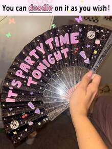 Shiny Black Hand Fan, Summer Beach Fan, Essential Carnival Accessory, Beach Accessory, Suitable For Festivals, Weddings And Travel - Black - View 4
