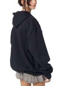 Women's Spring Autumn Casual Hooded Coat Black Long Sleeve Skull Print Zipper Hoodie - 黑色 - 查看 5