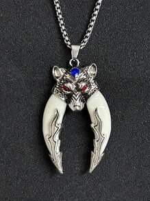 1pc Jewelry Dragon Head Wolf Tooth Pendant, Punk Retro Personalized Tough Urban Hip Hop Stainless Steel Necklace, Party/Birthday Gift - Silver - View 2