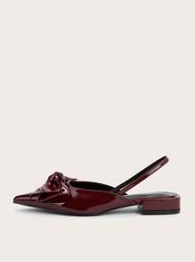 2025秋冬季休闲/派对性感尖头酒红色蝴蝶结高跟平底凉鞋，情人节，优雅，女士高跟鞋，优雅 - 酒紅色 - 查看 3