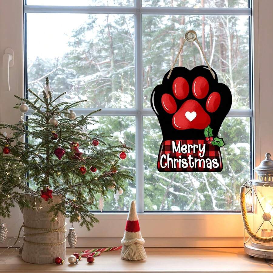 1 件圣诞快乐狗猫爪前门标志，木制圣诞饰品，圣诞节木门挂件户外门廊装饰，节日木制花环室内壁挂装饰宠物爱好者礼物 - 彩色 - 查看 1