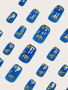 立即升级您的外观，24 件中型方形指甲时尚复古黑色纯色底色玫瑰花叶假指甲全覆盖假指甲套装美甲套装包括 1 张粘合标签和 1 个迷你锉刀，适合女性和女孩办公室日常佩戴假指甲果冻胶随机发货 - 藍色 - 查看 4