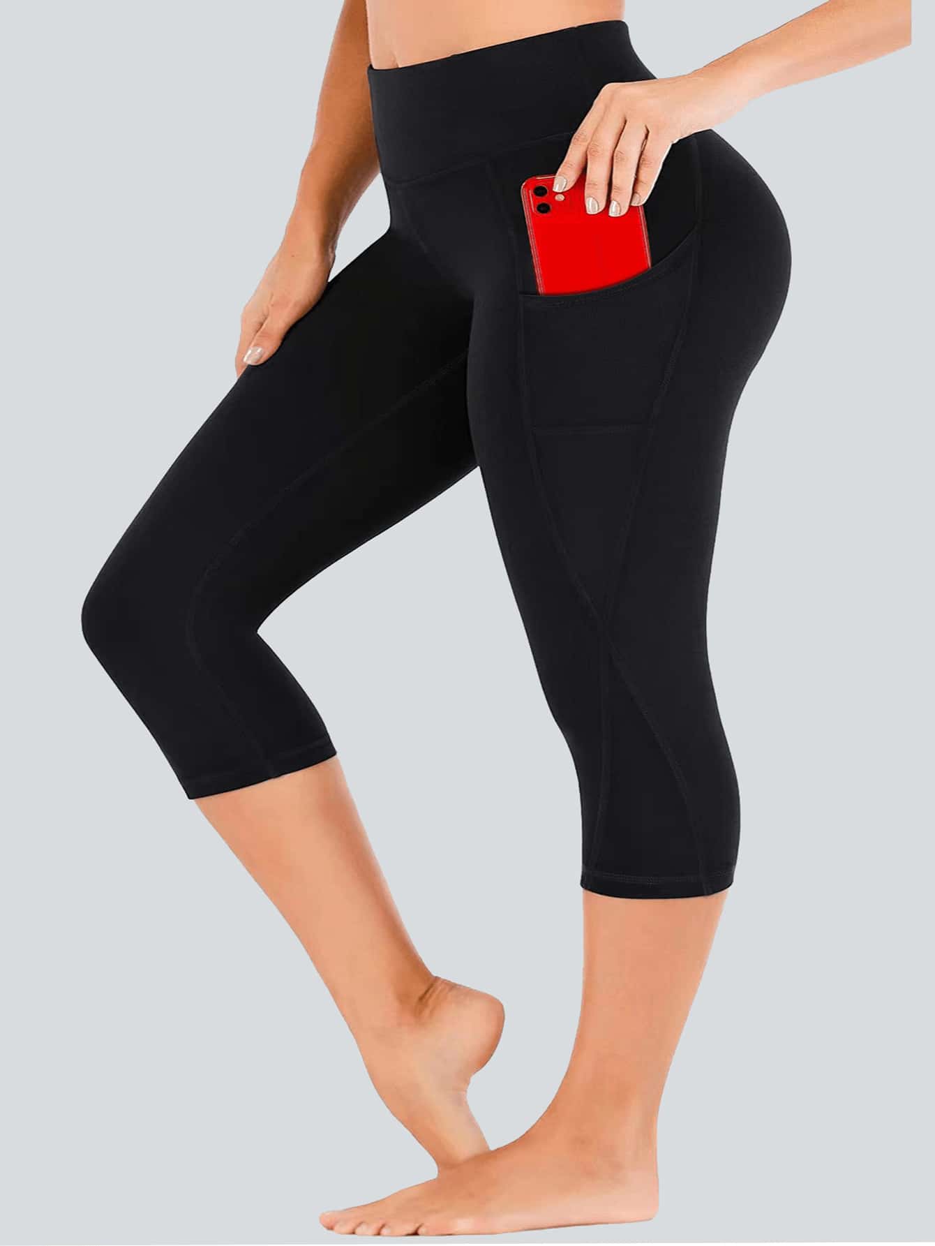 Plus Size 1-Piece Women's Capri Yoga Pants, High Waisted, Hip Lifting, Slim Fit Fitness Pants, Side Pockets, Sport Bottom Yoga Pants, Women's Elastic Tight Jump Exercise Bottom Pants, Sport Pants - Black - View 1