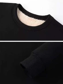 Men's Crewneck Letter Print Sweatshirt, Thermal Lined , Loose Fit, Warm For Fall/Winter - Black - View 5