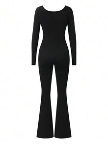 AiTyi 女士连体裤，休闲时尚性感宽松U领修身户外运动百搭款，适合毕业典礼、情人节、狂欢节、派对、春秋季弹力针织长袖喇叭裤连体裤，黑色修身优雅 - 黑色 - 查看 11