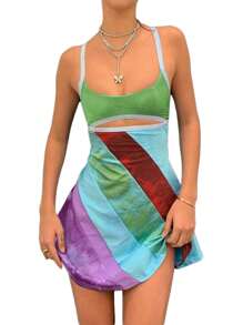 Womens Casual Suspender A-Line Dress Fashion Contrast Color U-Neck Hollow Short Dress - 綠色 - 查看 7