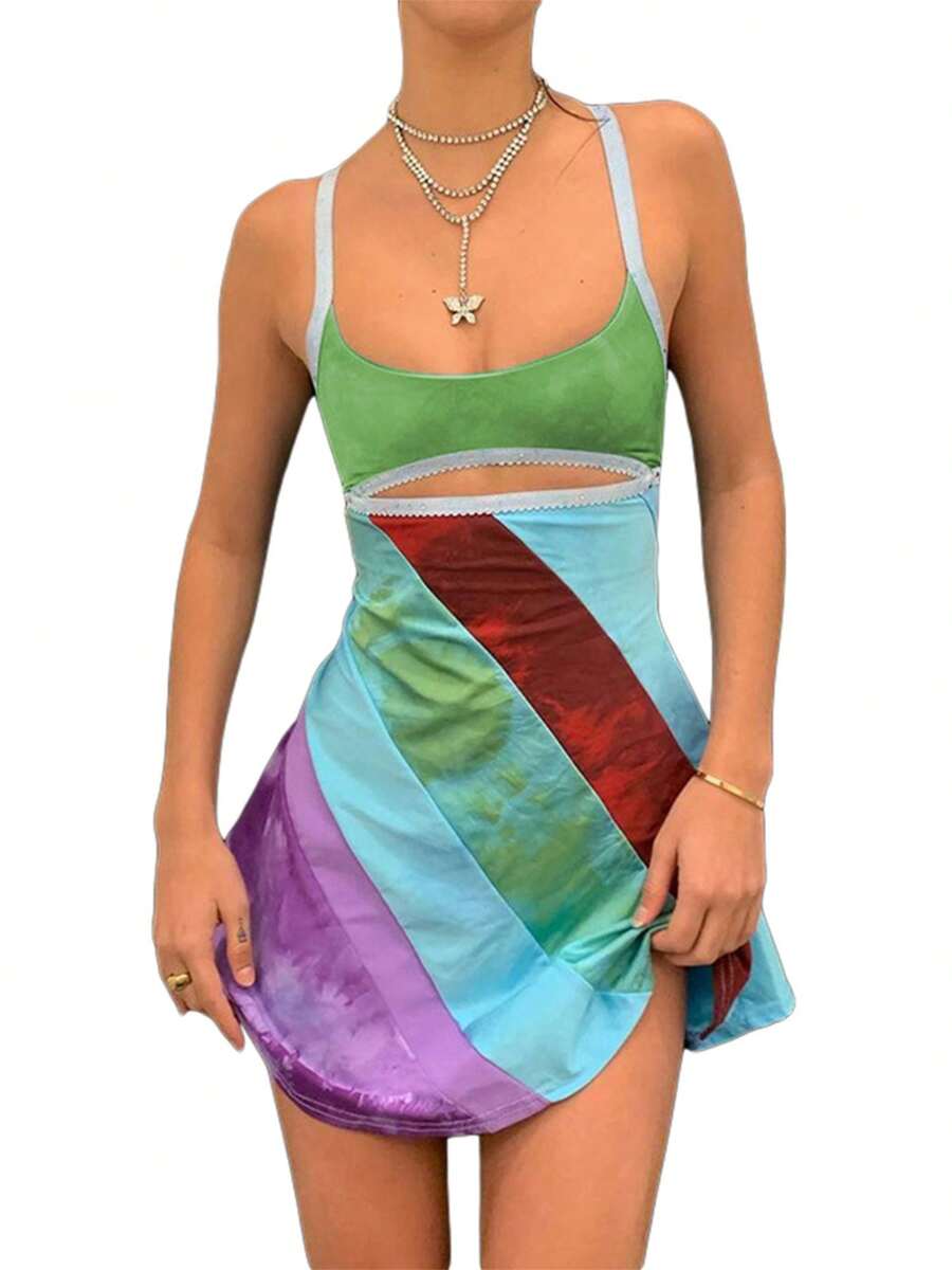 Womens Casual Suspender A-Line Dress Fashion Contrast Color U-Neck Hollow Short Dress - 綠色 - 查看 1