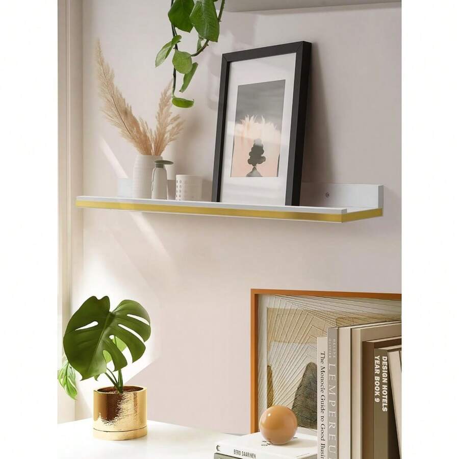 Floating Shelves For Wall 60cm, White And Gold Wall Mounted Shelf With