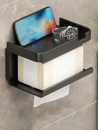 1 件塑料卫生纸收纳盒、浴室壁挂式塑料架、免钻纸巾盒架、两用收纳盒、手机架、洗漱用品收纳盒、浴室和洗漱用品浴室配件，实用！