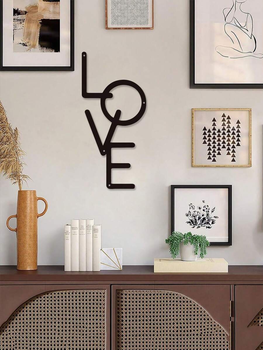 HELLOYOUNG 1件金属“LOVE”墙饰，简约黑色镂空挂件，家居墙面装饰金属配件，适用于现代家居、房间、卧室、浴室装饰，防水、防锈、耐用